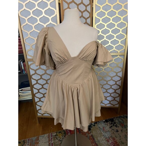 Asos Luxe Size 14 NEW Beige Cotton One Shoulder Dress w Corset Detail & Ruffles - Picture 2 of 16